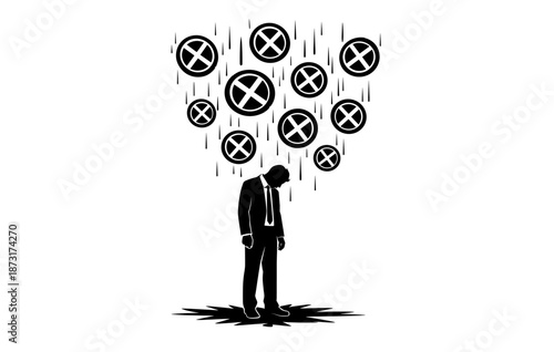 Silhouette of businessman under cross marks illustrating failure and depression