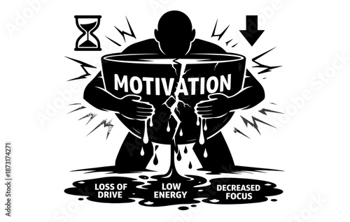 Silhouette of person with motivation loss symbolized by leaking container