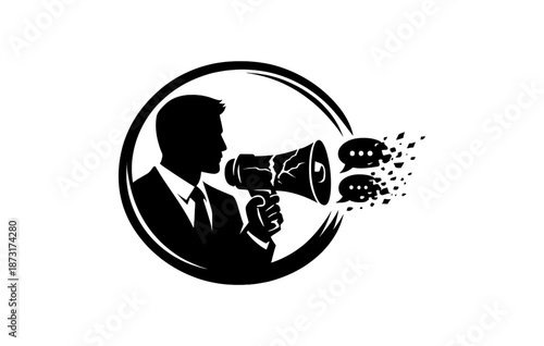 Silhouette of caucasian male announcer with megaphone broadcasting messages in circle