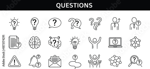 Question mark icons collection for problem solving, brainstorming, inquiry, communication, decision making, support, innovation, guidance, research and information concepts