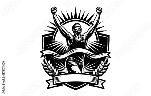 Triumphant male athlete illustration in heraldic emblem design