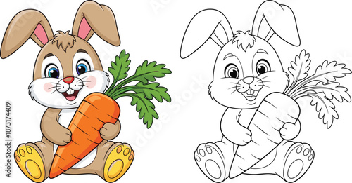 Cute cartoon rabbit holding a large carrot coloring book page, vector bunny character with colorful reference and outline for kids