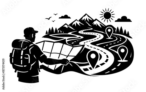 Male explorer with map navigates mountainous landscape with route markers