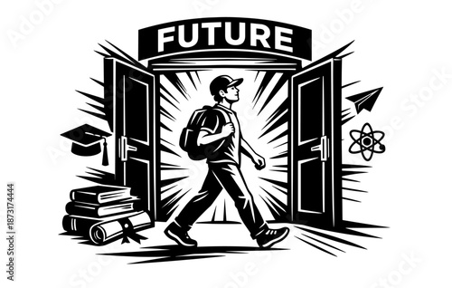 Young adult male walking toward future opportunities in education and science