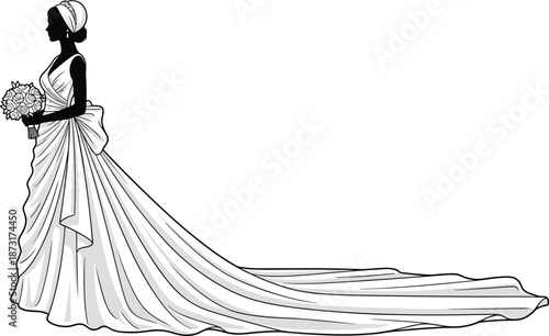 Elegant bride silhouette in a long wedding dress with extended train, bridal gown vector illustration with bouquet and wedding headpiece