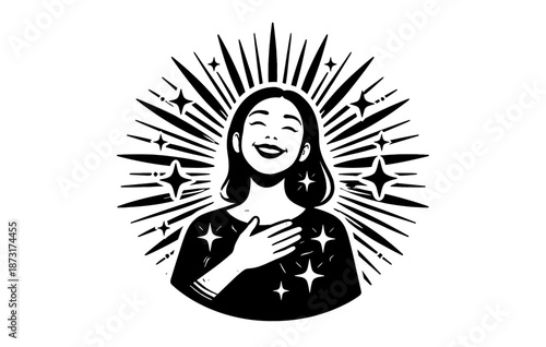 Smiling young asian female with radiant starburst design in black and white