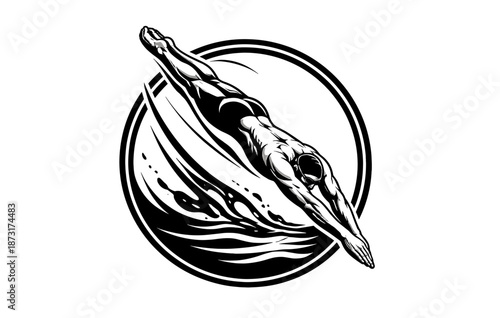 Dynamic illustration of male diver in action with circular wave motif