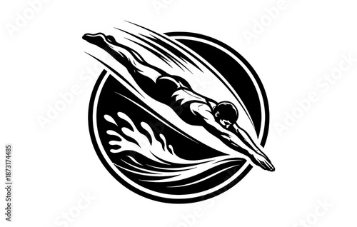 Athletic male diver silhouette in action inside dynamic circular design