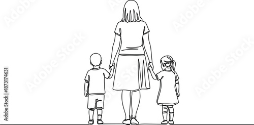 A mother holding hands with her two children walking together