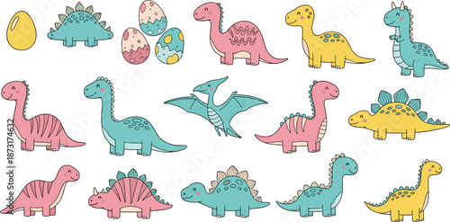 Set of Cute Cartoon Dinosaur Characters and Colorful Eggs for Kids Birthday Party Invitation Baby Shower Decor and Nursery Wall Art Design