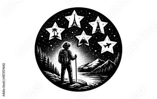 Explorer in nature: man stargazing and imagining adventure symbols in the night sky