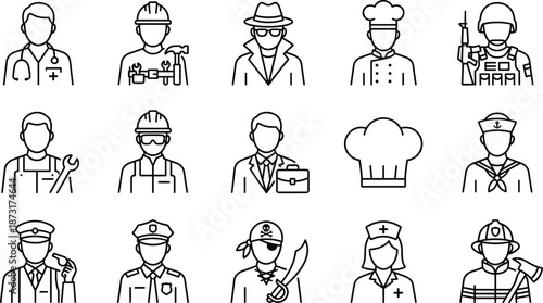 Professional occupation line icons set for jobs careers workers services uniforms vector illustration outline design