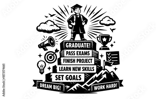 Achievement motivation: graduate celebrating success and future goals in a black and white illustration