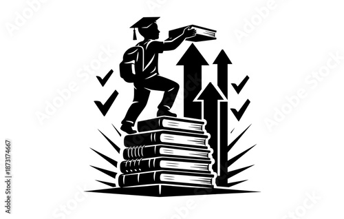 Young male graduate climbing book stack with growth arrows and achievement checks