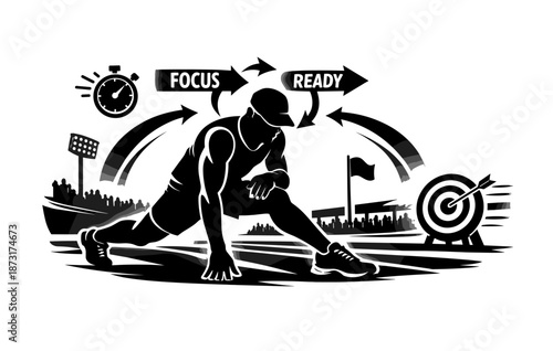 Silhouette of athlete preparing for race with target and stopwatch