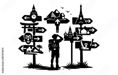 Traveler contemplating directional signs to iconic global landmarks