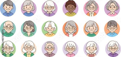 Set of Cute Cartoon Elderly People Avatars Diverse Senior Men and Women Faces in Round Frames for Retirement Community and Grandparents Day
