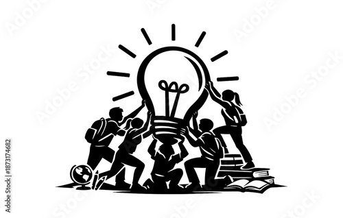 Diverse students collaborating to illuminate learning with giant light bulb symbol