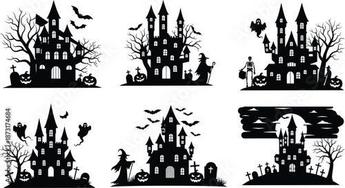 Halloween haunted castle silhouette collection with spooky witches, ghosts, skeletons, bats, graveyard, and pumpkins, isolated vector set for holiday design