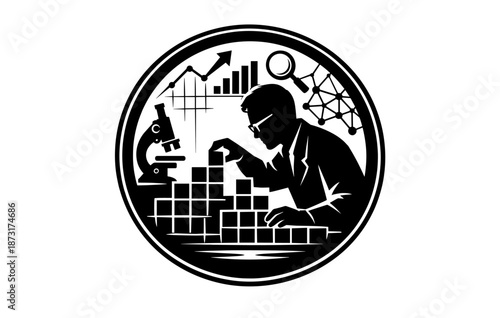 Black and white science icon: male scientist with lab equipment and graphs