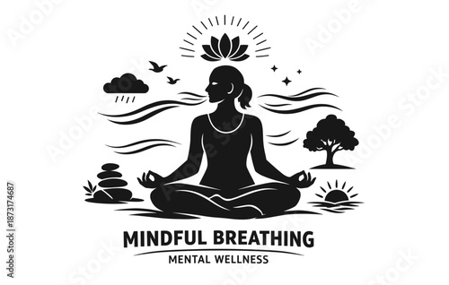 Mindful breathing: female silhouette practicing meditation for mental wellness