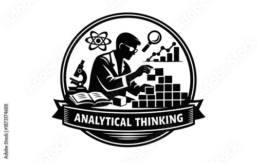 Analytical thinking icon with scientist and mathematical symbols