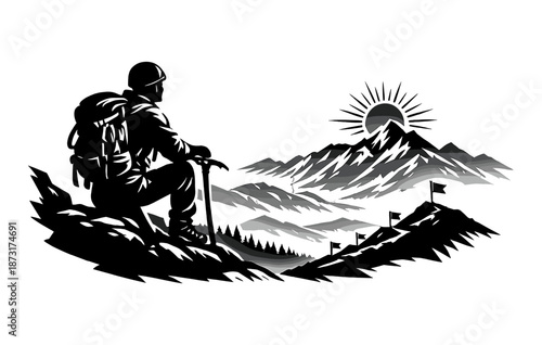 Silhouette of adventurer climbing mountains at sunrise
