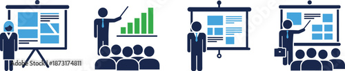 Presentation icons, business meeting vector, teaching illustration, speaker silhouette, audience interaction, chart board, corporate training, flat design, infographic symbol