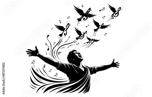 Joyful expression of music and freedom with birds and musical notes