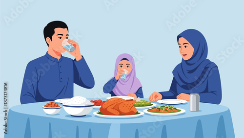 Family enjoying a meal together at a round dining table with various dishes