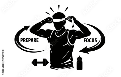 Silhouette of male athlete preparing and focusing with headband, dumbbell, and water bottle symbols
