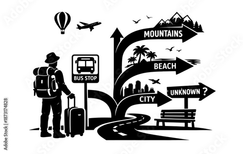 Traveler deciding between mountains, beach, or city with signpost directions