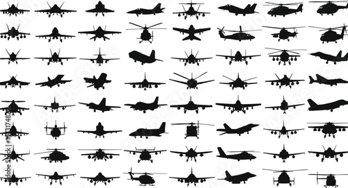 Collection of military aircraft and helicopter silhouettes in front view, black vector icons set isolated on white background illustration