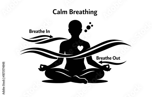 Silhouette of meditation and calm breathing with flowing arrows