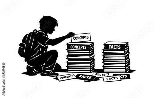 Silhouette of student organizing concepts and facts with backpack