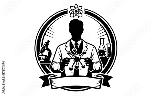 Scientific silhouette: male scientist holding molecule with laboratory icons