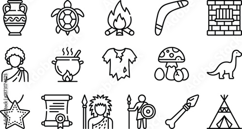 Prehistoric stone age icon set, ancient civilization symbols, primitive tools fire cave hunting culture vector illustration collection design