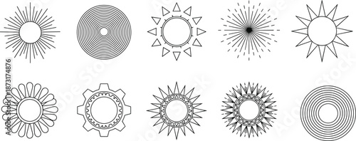 Set of geometric sun burst icons and solar symbols with line art designs including rays and gear shapes for weather logos