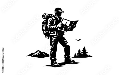 Silhouette of a male hiker with backpack reading map in wilderness