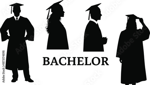 Set of graduation silhouettes featuring male and female students in academic caps and gowns for bachelor degree university commencement ceremony