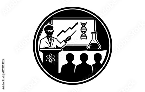Scientist presenting genetics lecture to audience with dna illustration