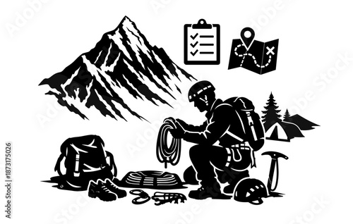 Mountain climbing adventure gear with male climber preparing equipment