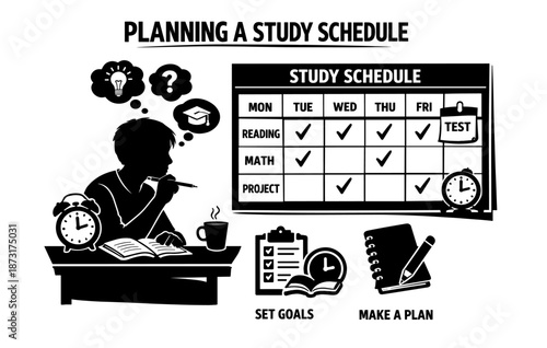 Student planning study schedule with weekly goals and time management