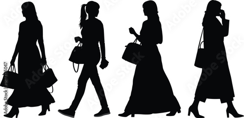 Set of walking women silhouettes carrying handbags, wearing long dresses and casual outfits, stylish female figures in motion, isolated white background