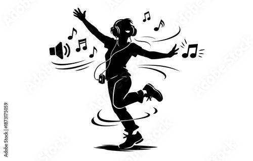 Silhouette of teen girl dancing to music in headphones with joyful energy