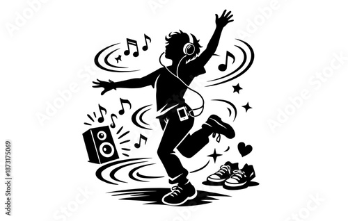 Silhouette of joyful teen dancing with headphones and music notes