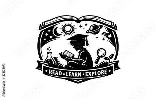 Silhouette of young explorer with science and astronomy symbols in educational design