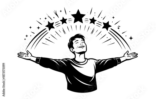Joyful young male embracing success stars black and white illustration
