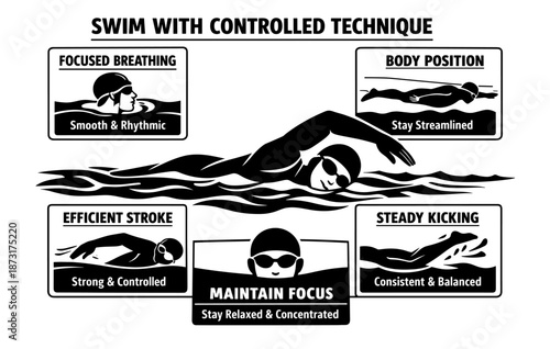 Swim technique: focused breathing, body position, efficient stroke, and steady kicking