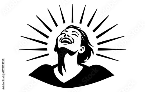 Joyful caucasian young woman laughing with radiating sunburst design